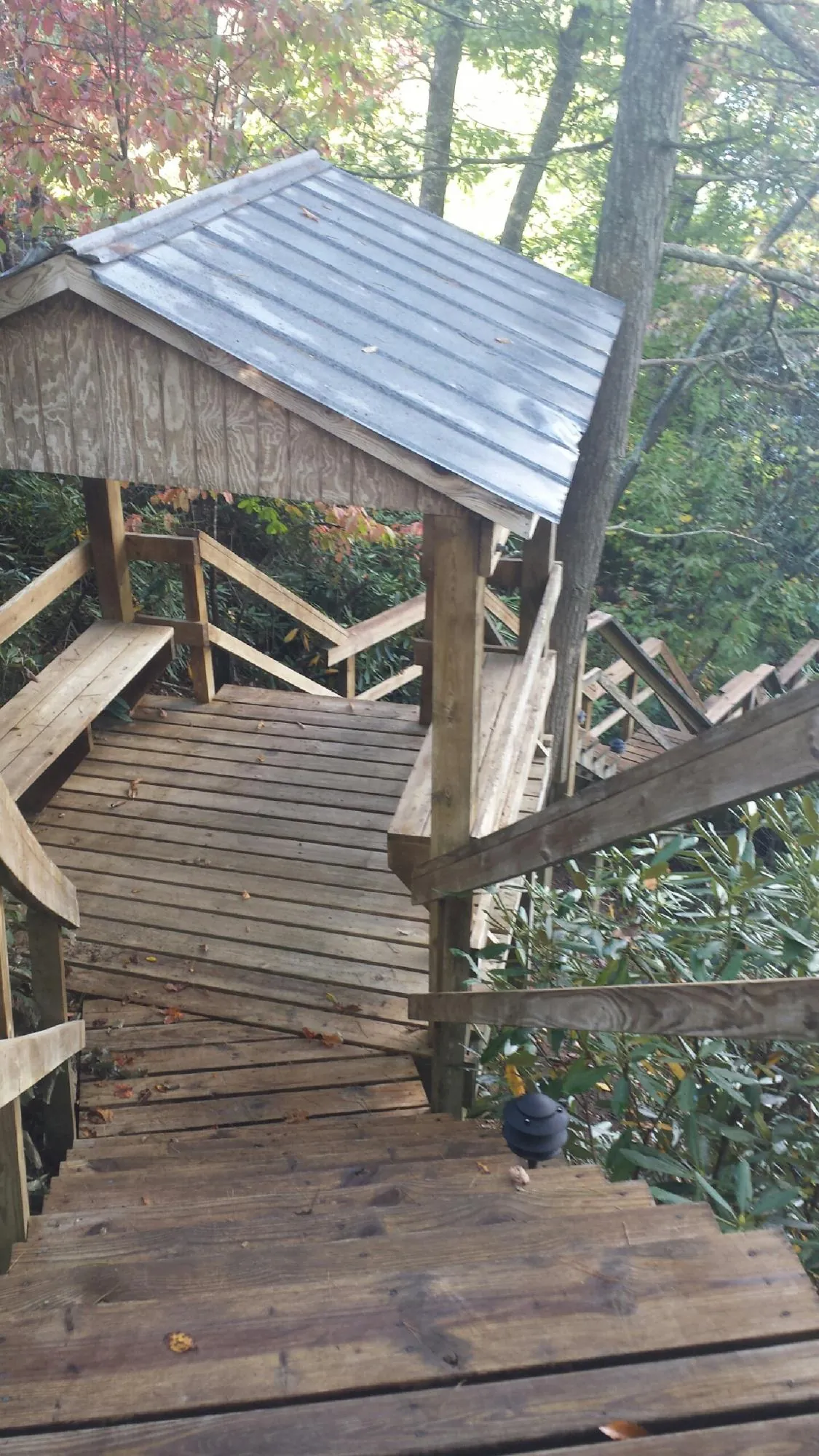 Metal roofed shelter over wooden steps on a wooded walkway — Skylight Repair & Installation work by our crew in Dania